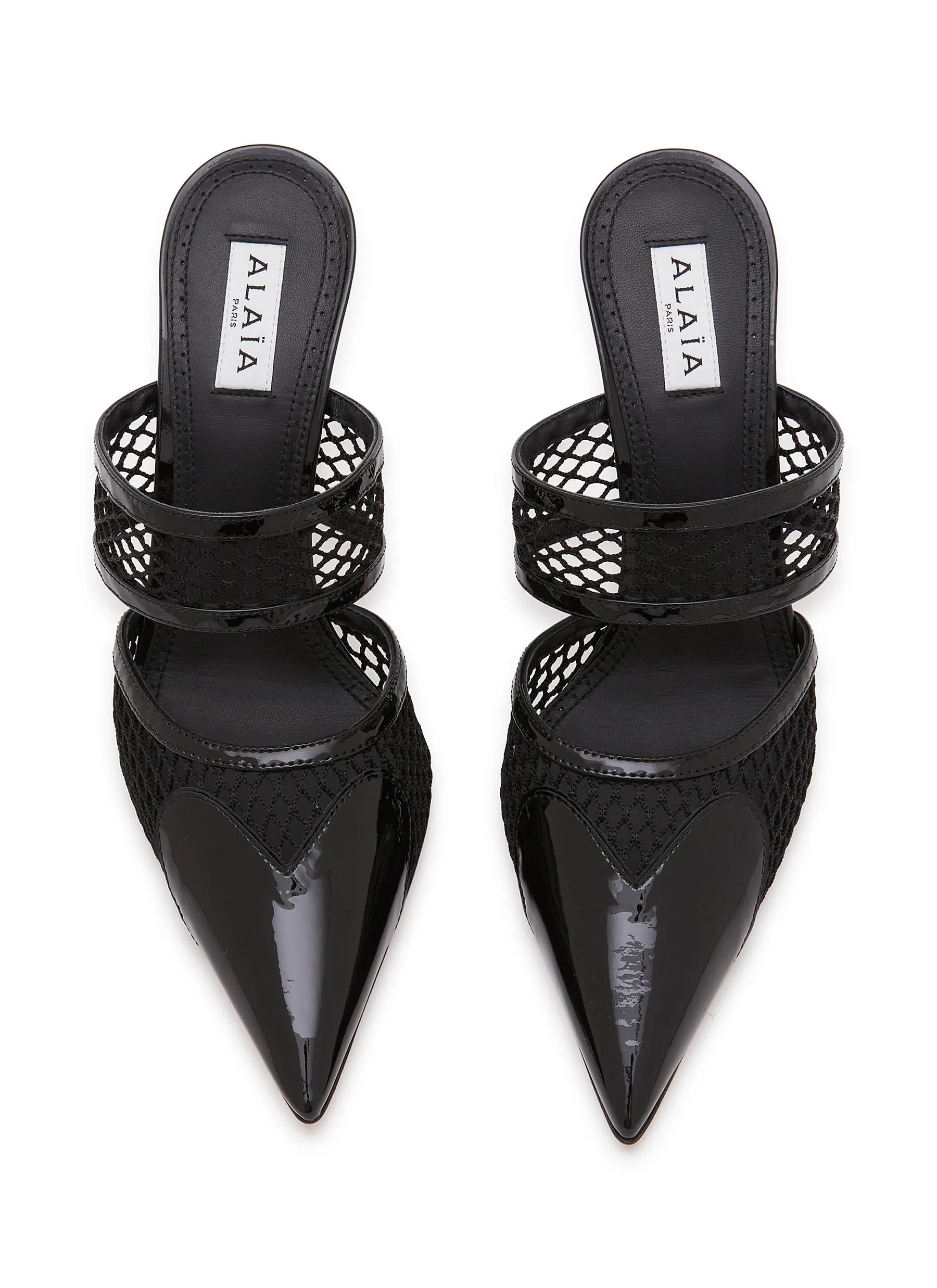 -----------ALAÏA ---- ------------ ----Le Coeur 90 Patent Leather Fishnet Heeled Mules --