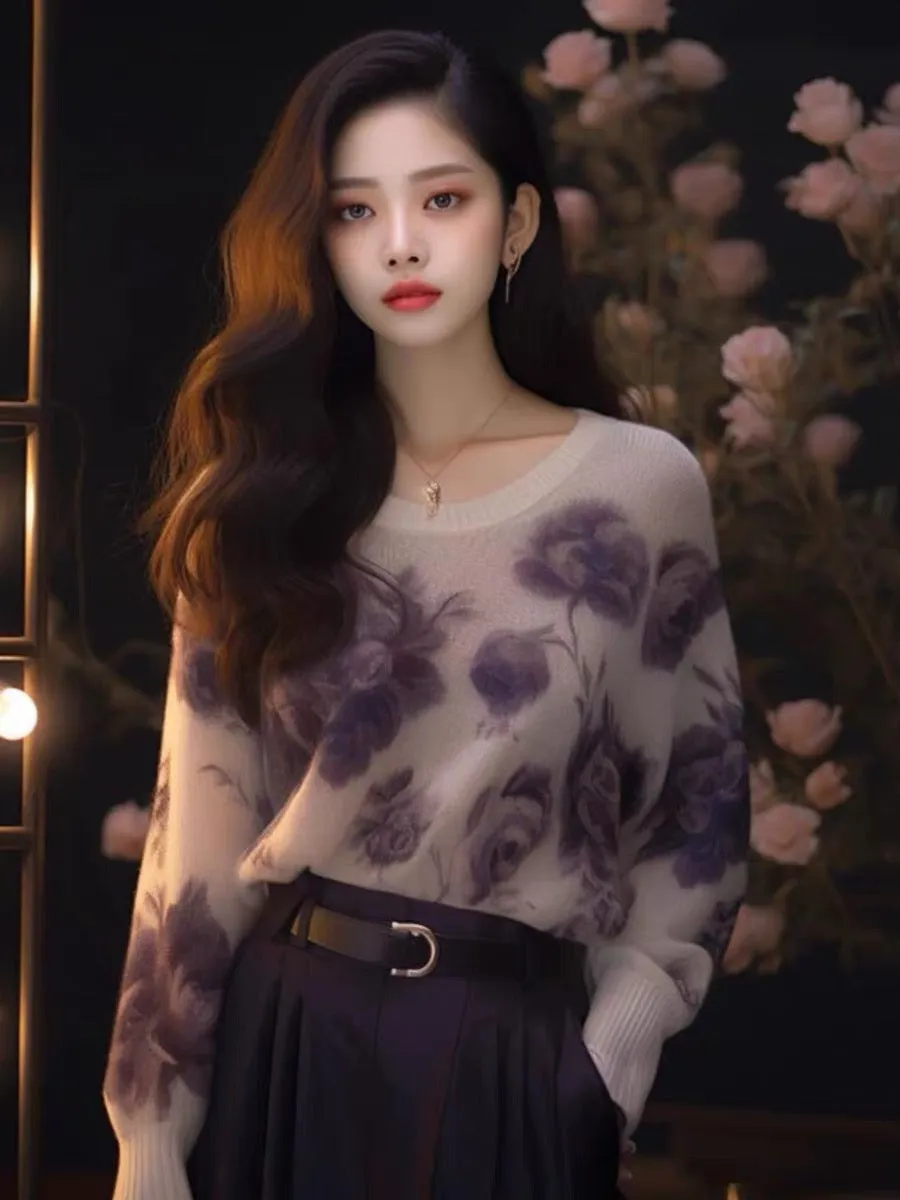 2023 new autumn clothing, European products, high-end, super good-looking, soft and waxy lazy style sweater, purple knitted swea