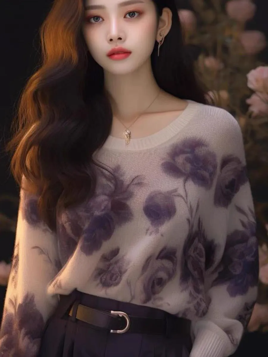 2023 new autumn clothing, European products, high-end, super good-looking, soft and waxy lazy style sweater, purple knitted swea