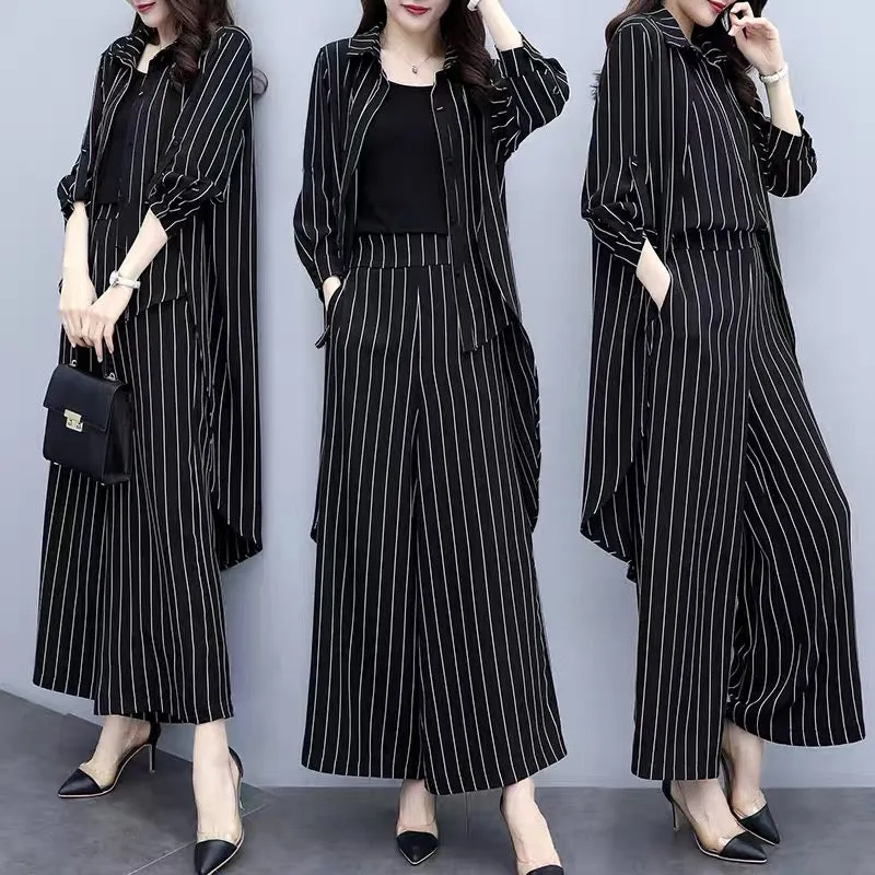 2023 new autumn plus size women's loose black striped cardigan two-piece casual fashion wide-leg pants suit