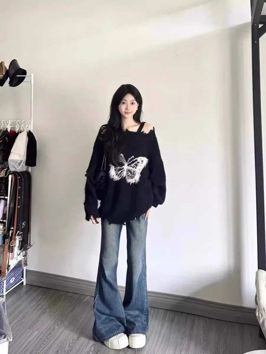 2023 New Plush Bow Lazy Sweater Women's Loose Autumn and Winter Designed Hole Knitted Sweater Top