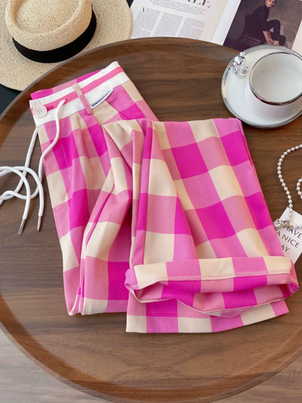 2024 Spring and Autumn New Loose Plaid Straight Pants Pocket Waist Slim Women's High Casual Narrow Version Wide Leg Pants Trendy