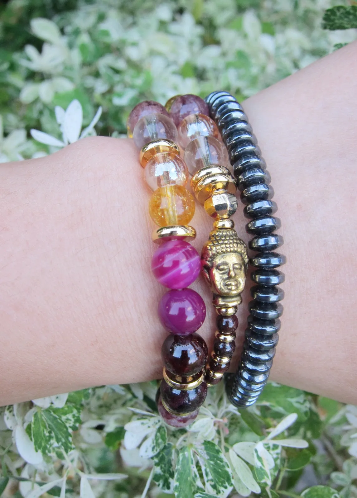 27 Bead Mala Bracelet in Red Garnet, Lepidolite, Aura Angel Quartz and Citrine Quartz