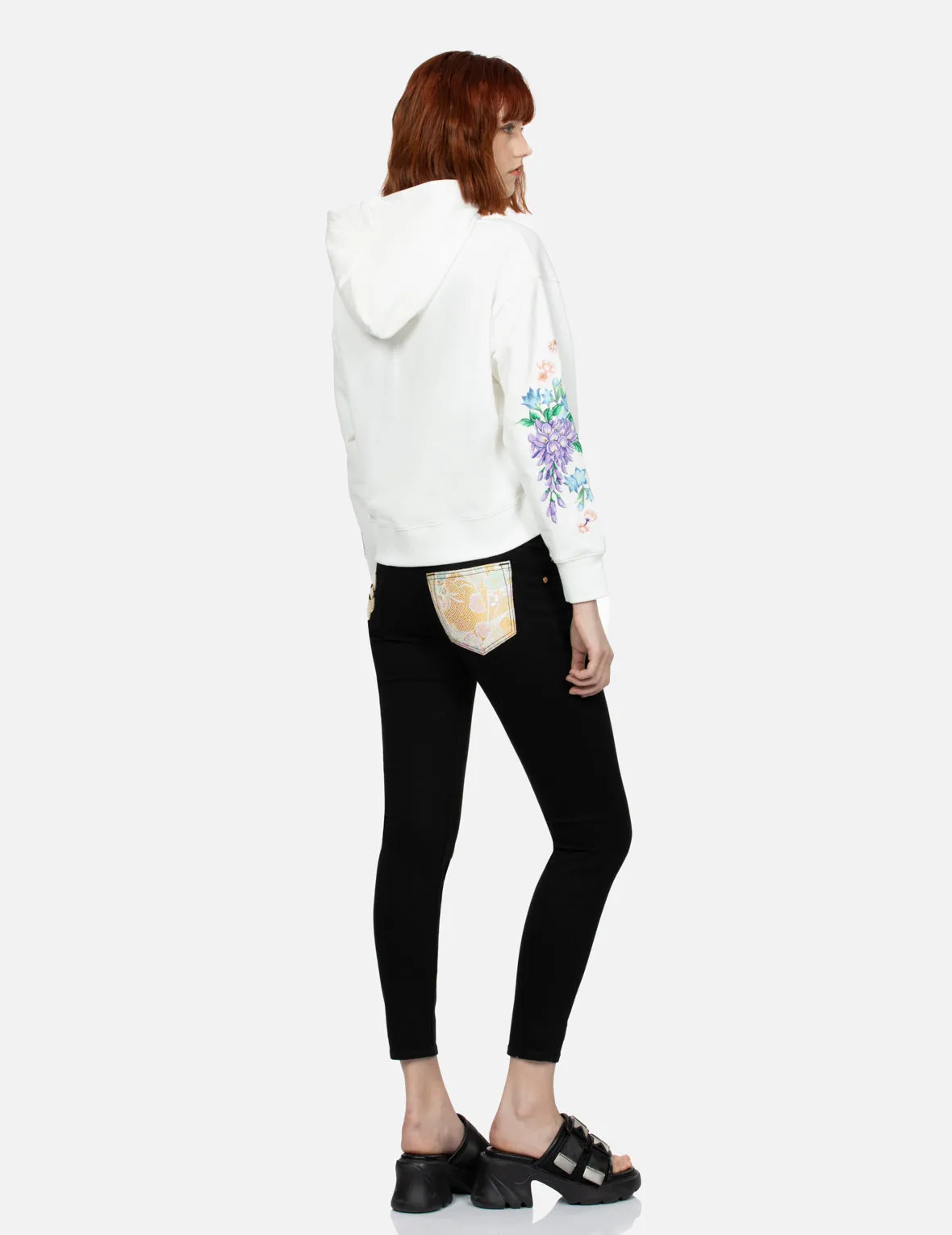 3D Seagull Print and Floral Embroidery Cropped Hoodie