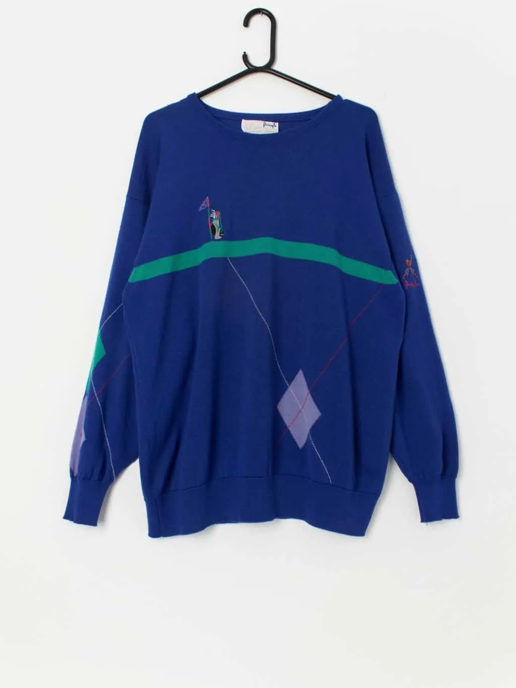 80s vintage Nick Faldo Pringle golf jumper in blue, lambswool – Medium / Large