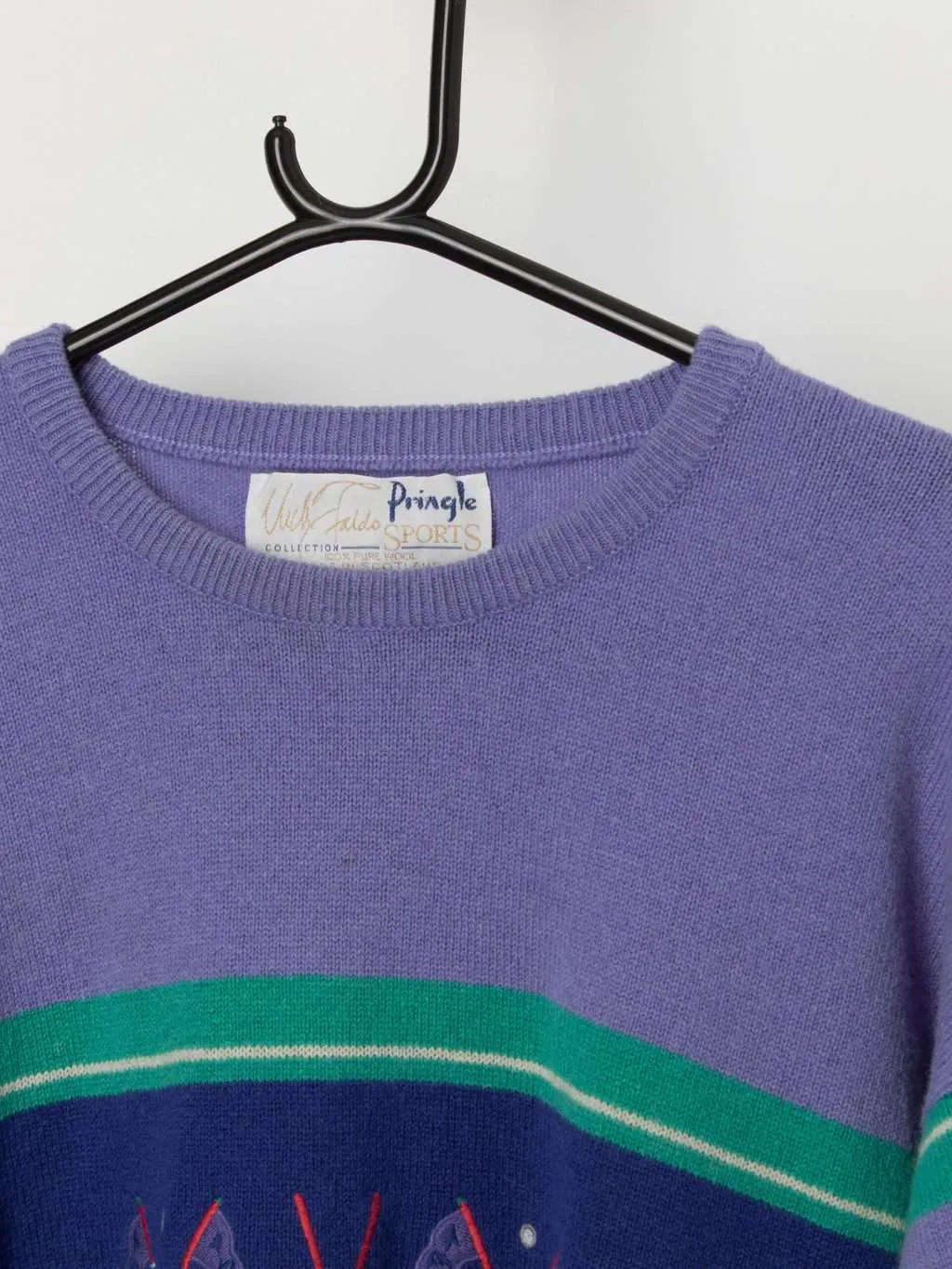 80s vintage Nick Faldo Pringle golf jumper in lilac – Large
