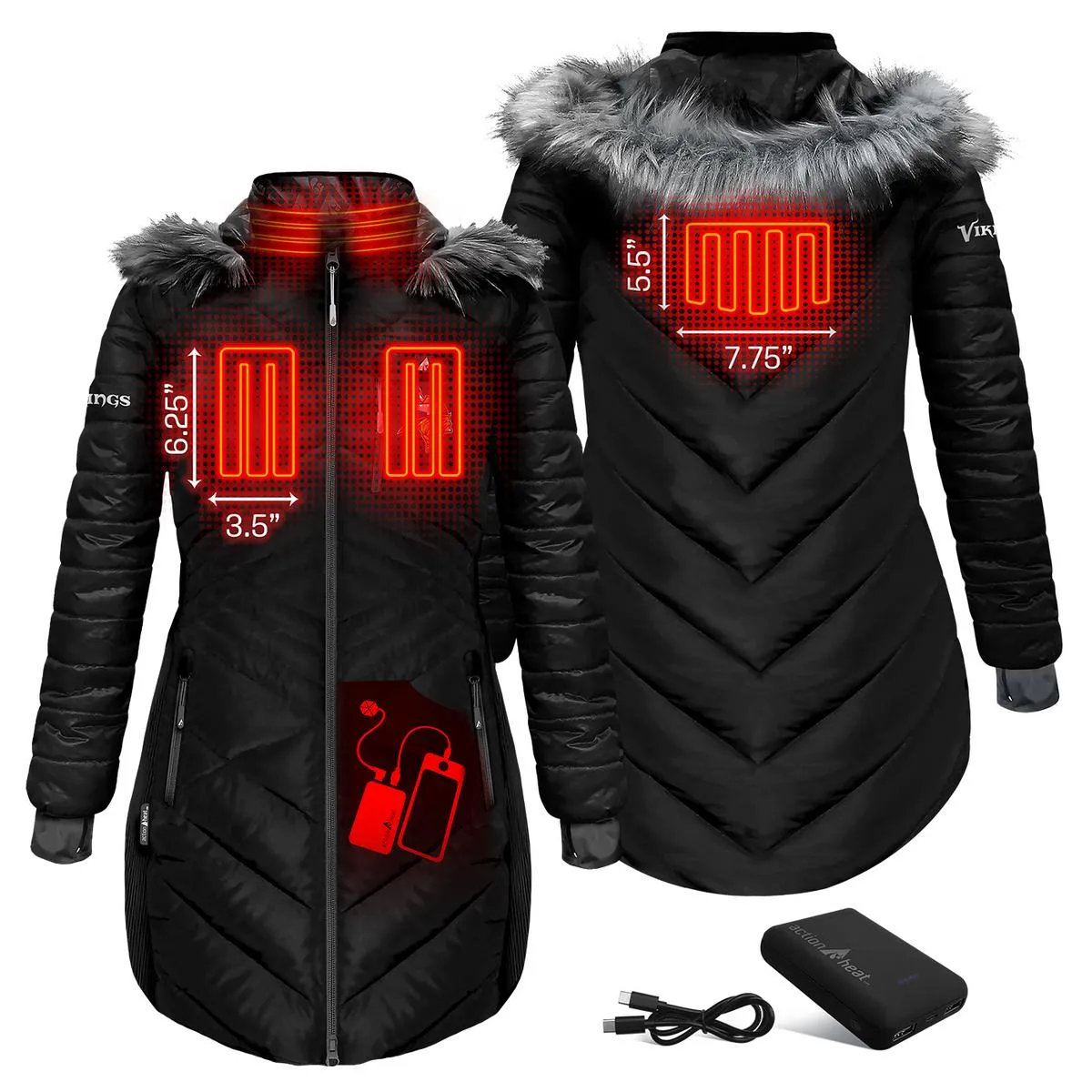 ActionHeat Minnesota Vikings 5V Women's Long Puffer Battery Heated Jacket