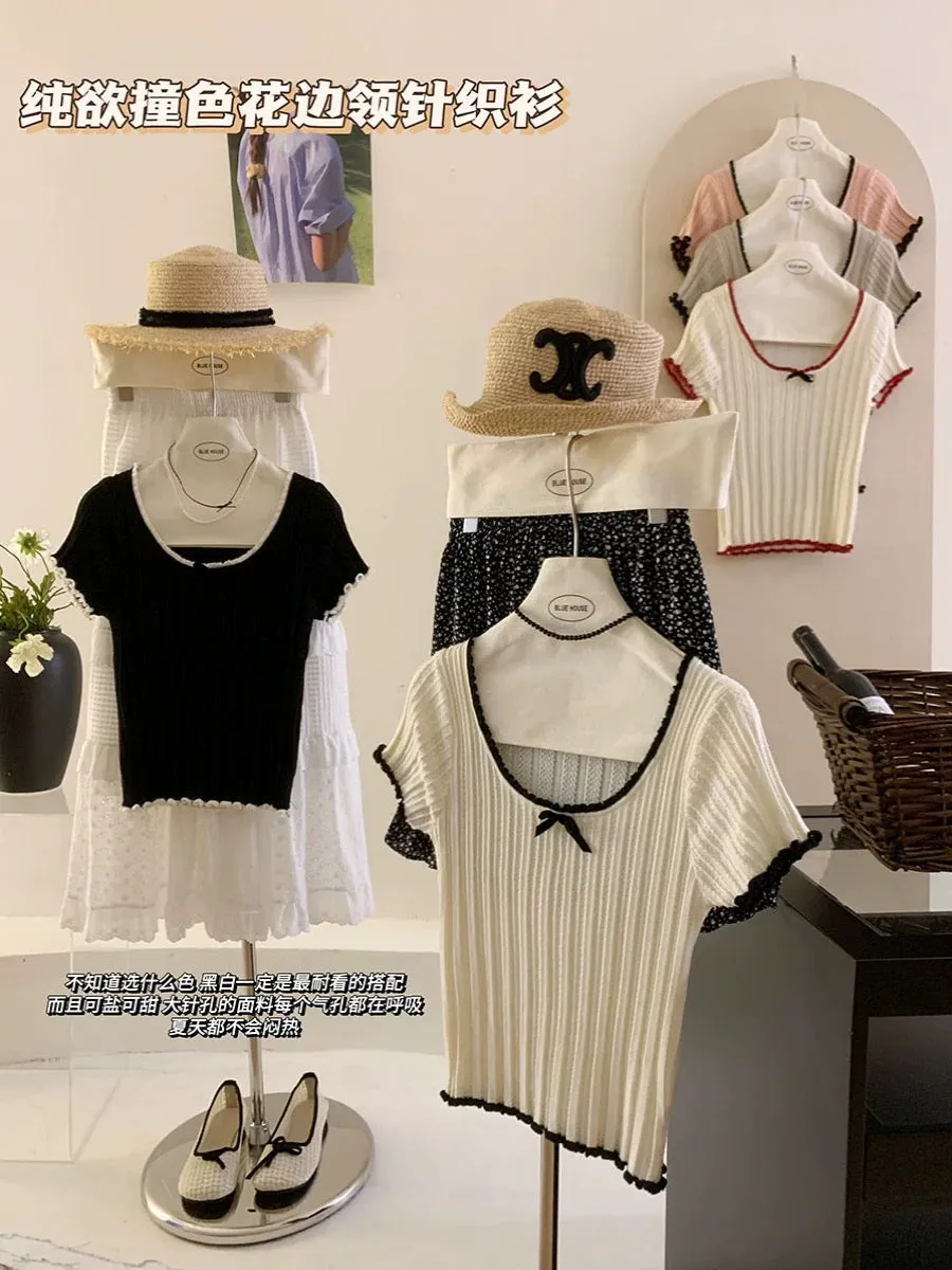 Age reduction expert~Contrast color lace large round neck bow short-sleeved textured sweater for women summer straight shoulder 