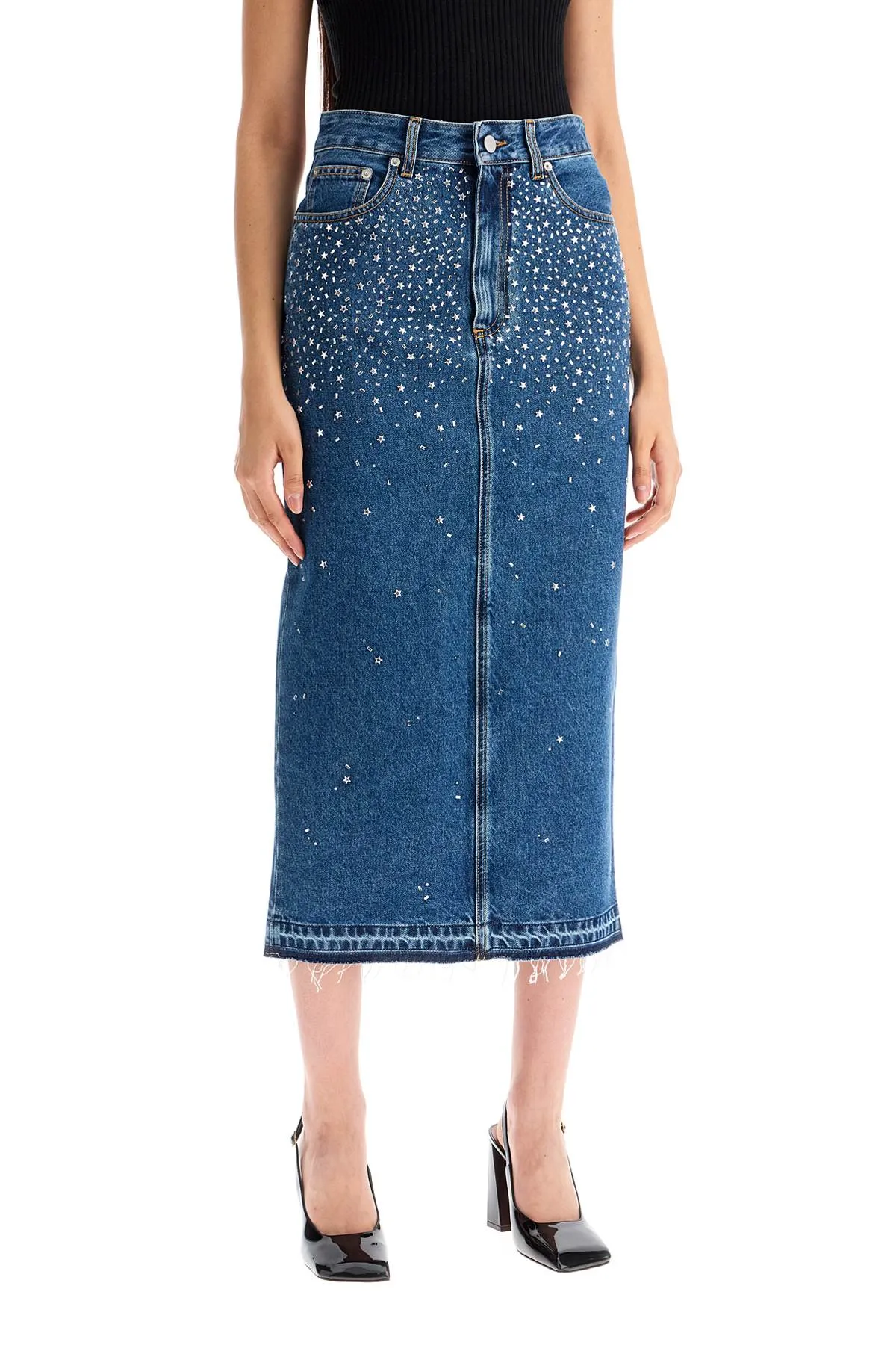 Alessandra Rich  denim midi skirt with rhin