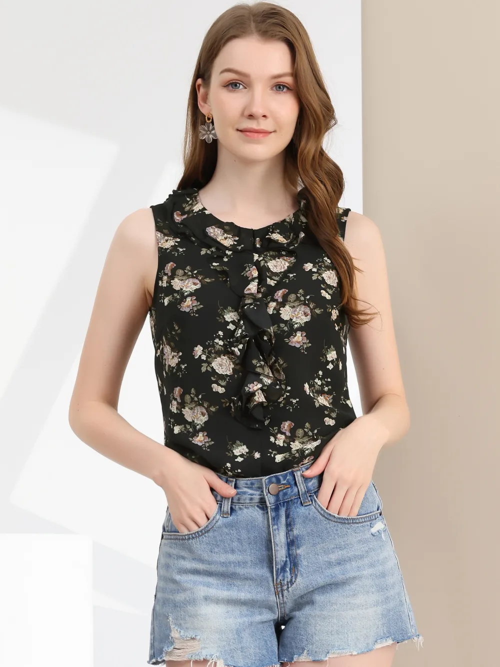 Allegra K- Ruffle Sleeveless Chiffon Floral Top