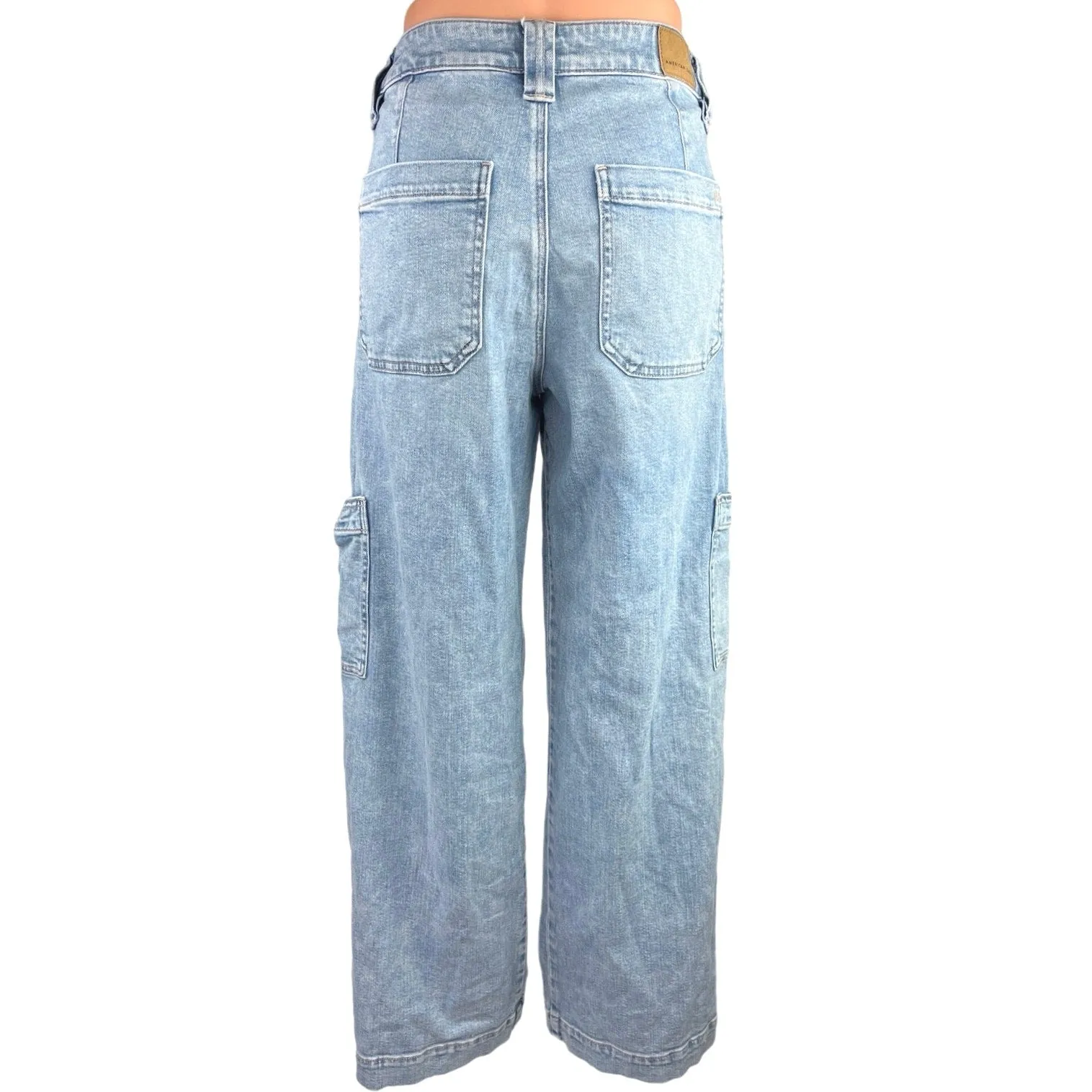 American Eagle Blue Light Wash Stretch High Rise Cargo Wide Leg Denim Jeans Sz 4
