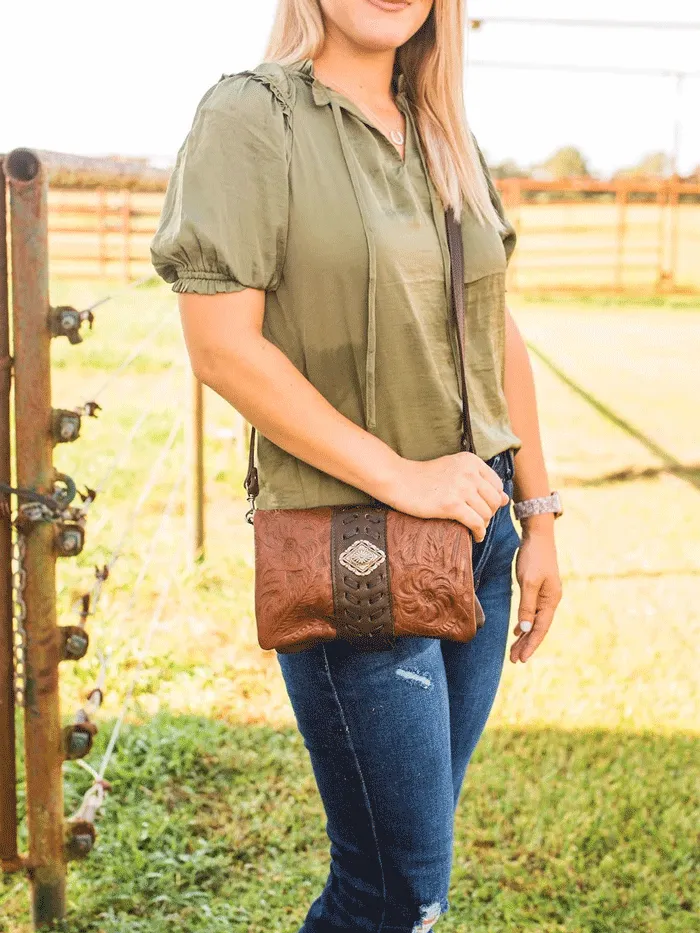 American West 7738078 Ladies Grab-and-Go Foldover Crossbody Brindle Hair-On Brown