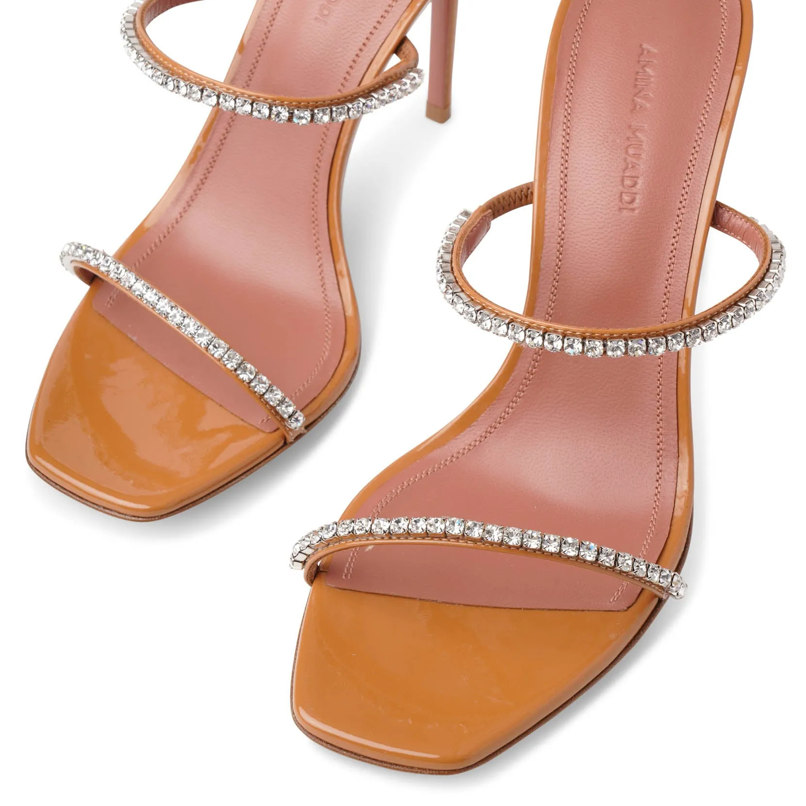 Amina Muaddi Gilda embellished patent tan leather sandals