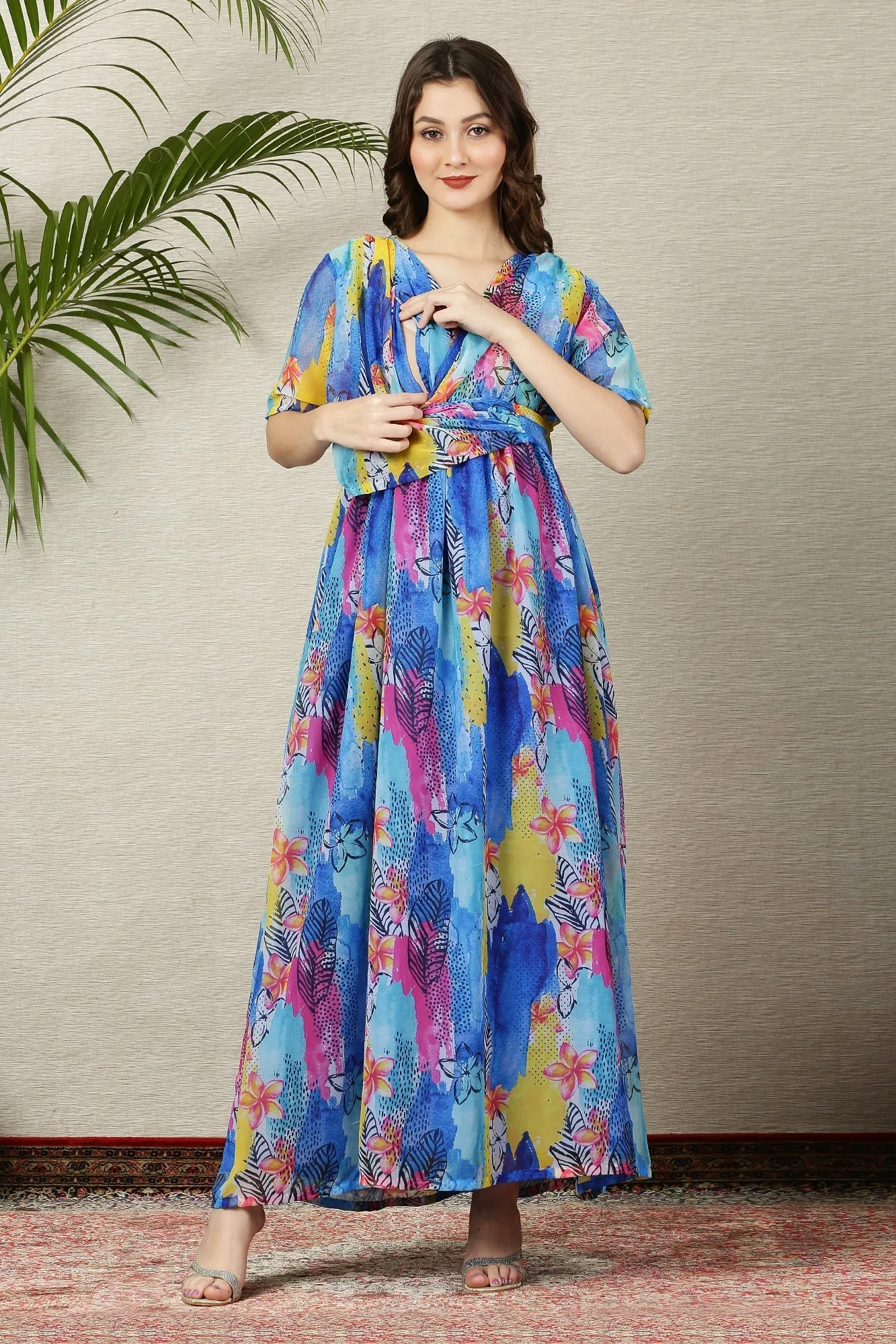 Aquamarine Blue Maternity & Nursing Chiffon Wrap Dress