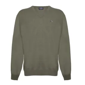 Aquascutum Mens Long Sleeved/V-Neck Knitwear Jumper with Logo in Brown