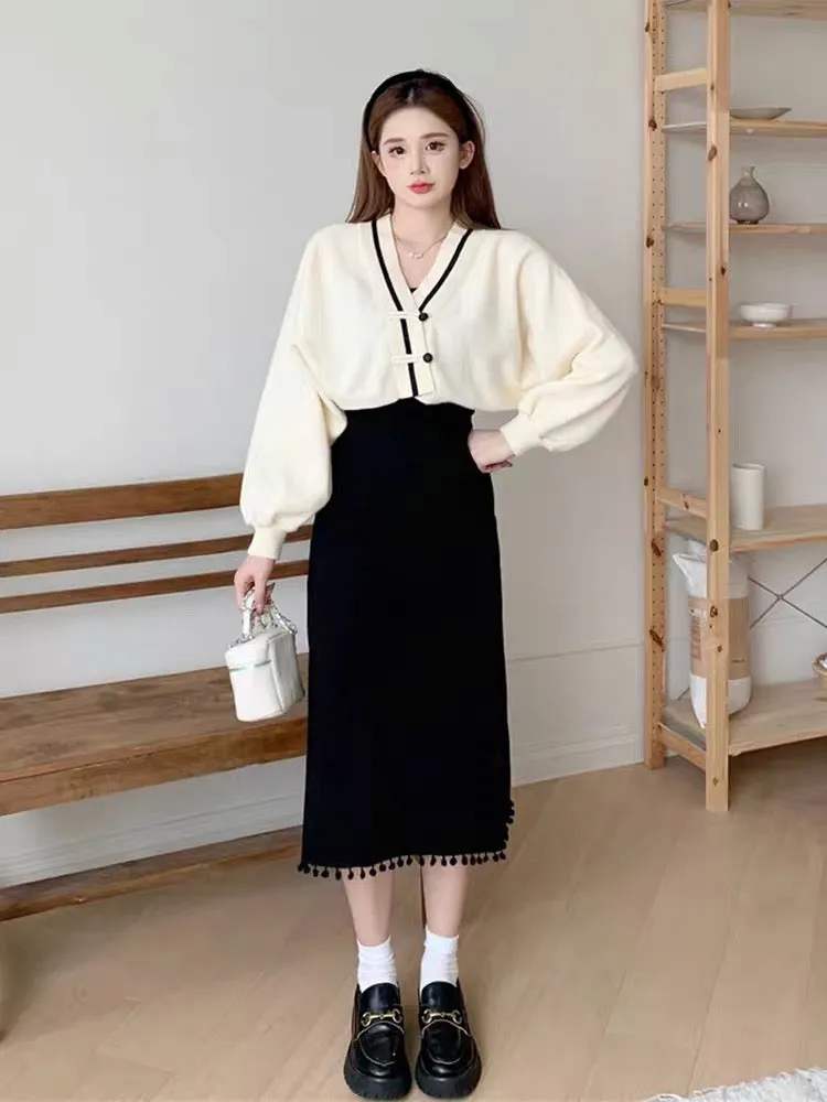 Autumn and winter Korean style outfits 2023 new national style girls new Chinese style knitted sweater + suspender dress (S0973)