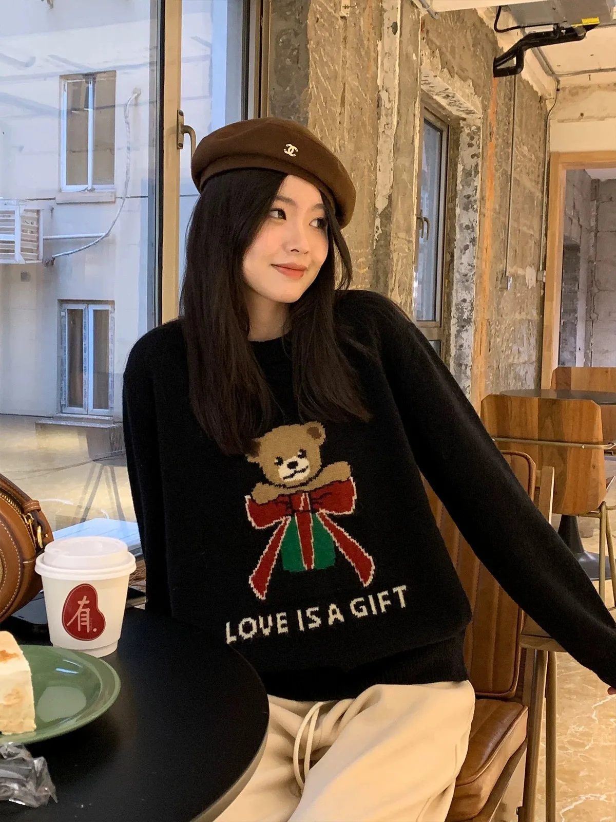 Ayi cute bear embroidered sweater for women spring and autumn loose thick lazy style Christmas style gentle knitted top