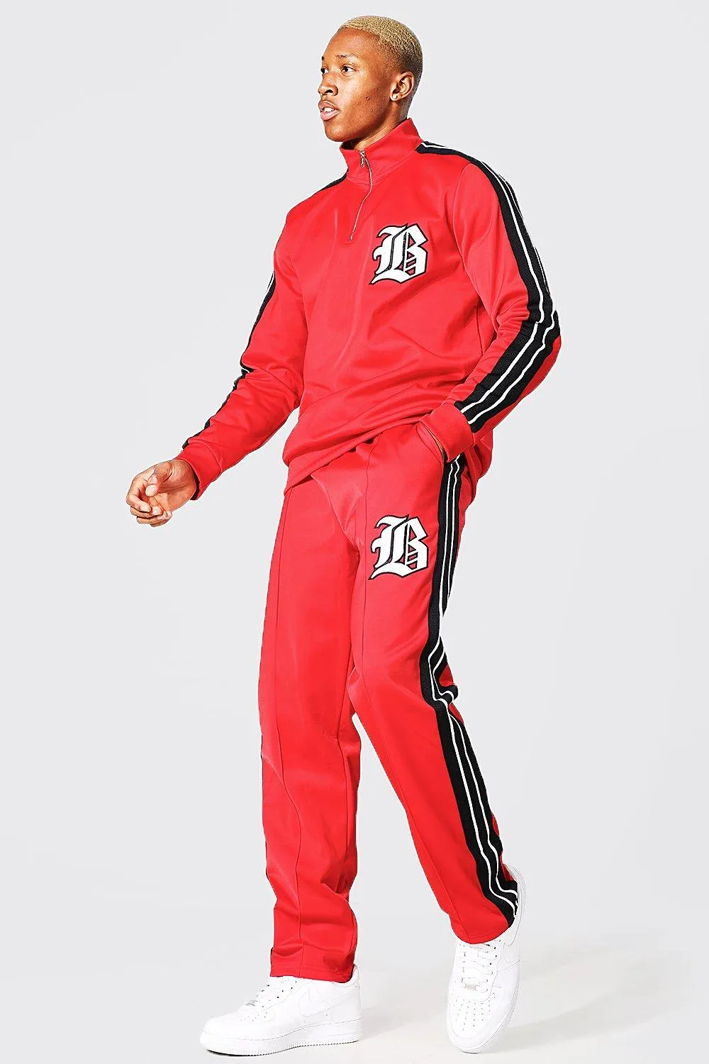 B Varsity Badge Tricot Half Zip Tracksuit | boohooMAN UK