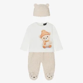 Baby Boys Beige Sherpa Fleece Babysuit Set