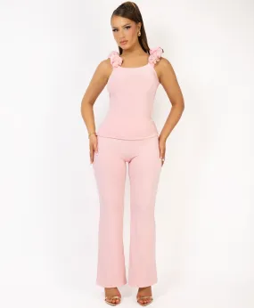 Baby Pink Ruched Vest Top And Flare Trousers Set