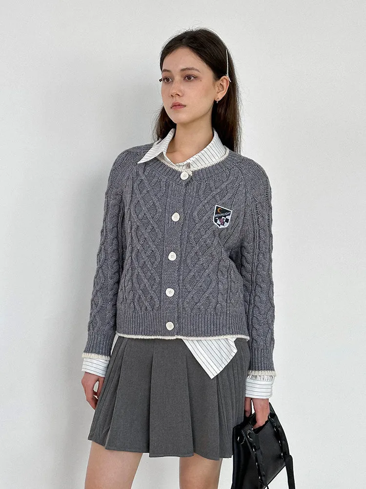 Badge College Casual Cable-Knit Cardigan
