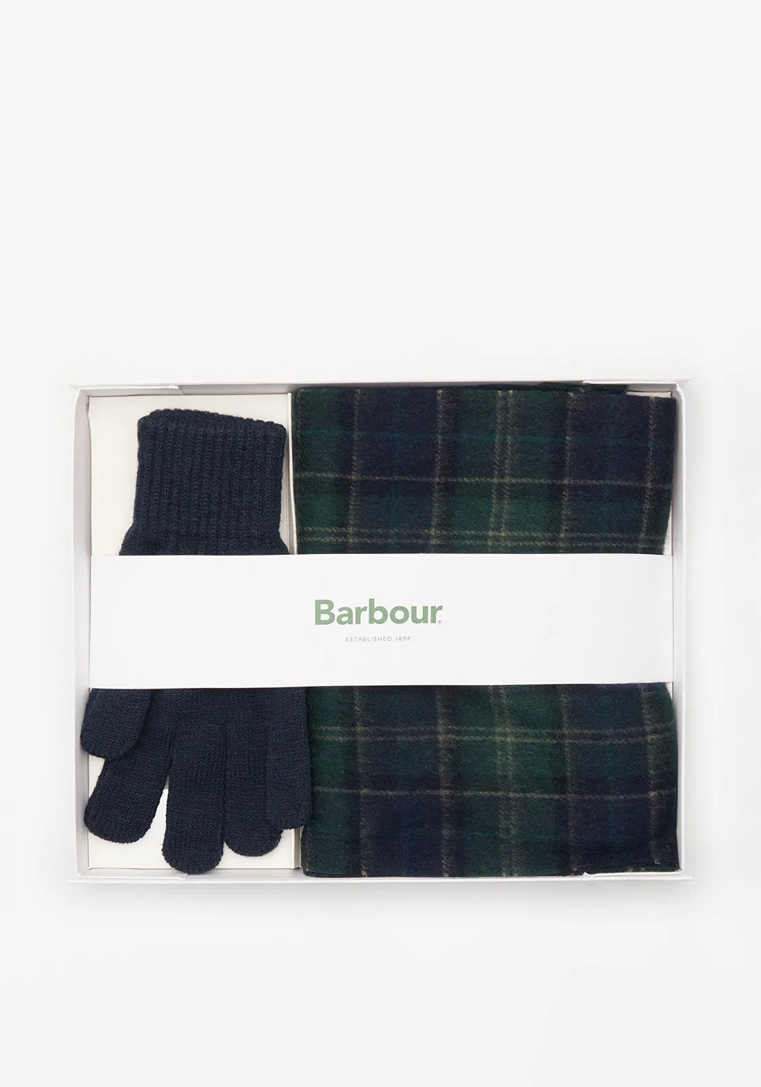 Barbour Tartan Scarf & Glove Gift Set, Navy & Green