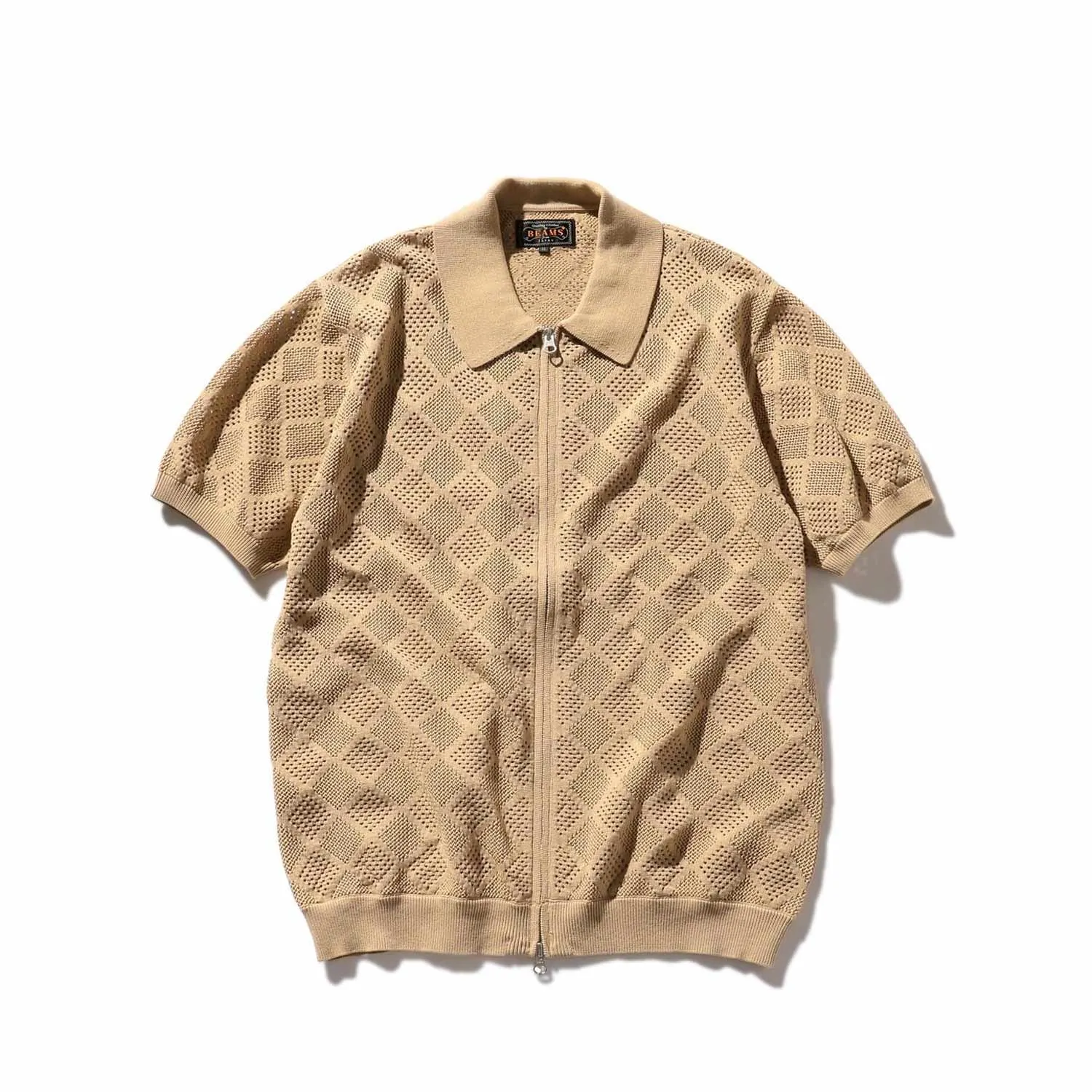 BEAMS+ ZIP KNIT POLO SHIRT, Beige 