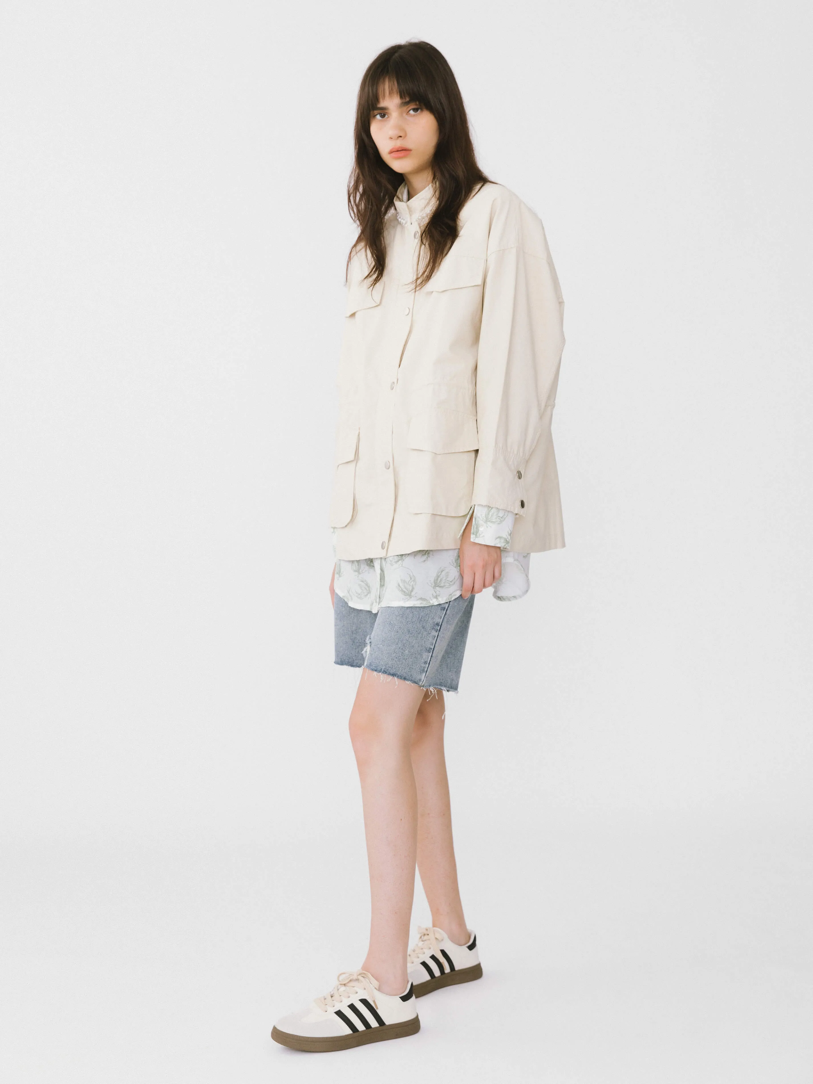 Beige Cargo Jacket With Pearl Neckline