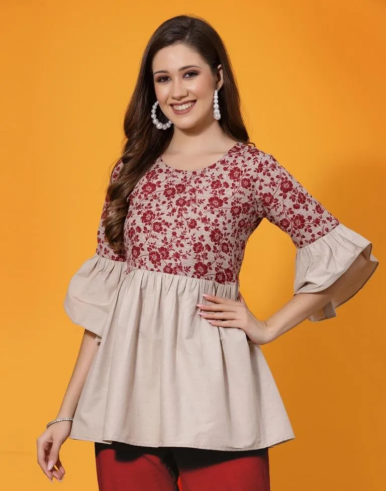 Beige Cotton Printed Tunic Top