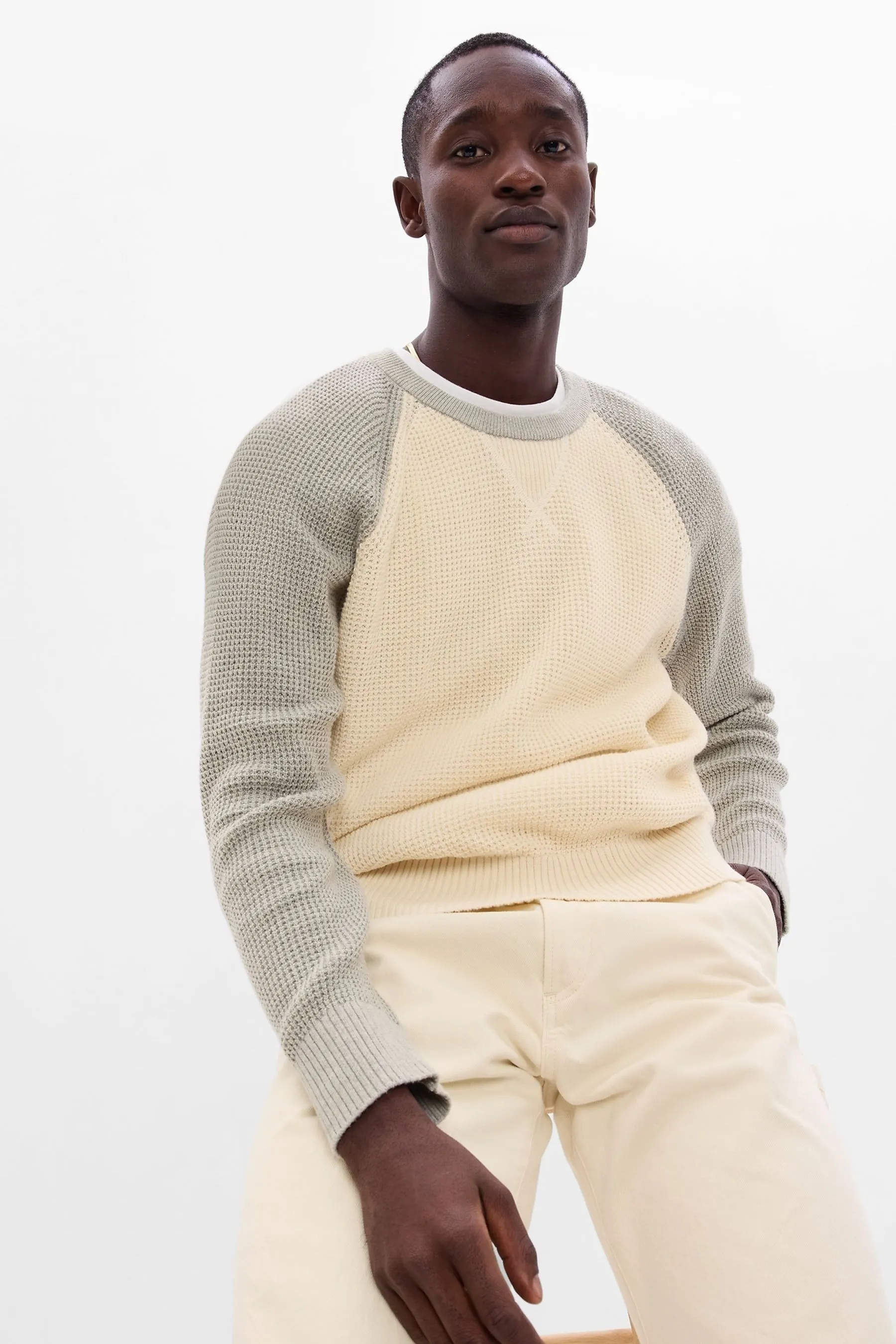 Beige Textured Crew Neck Jumper