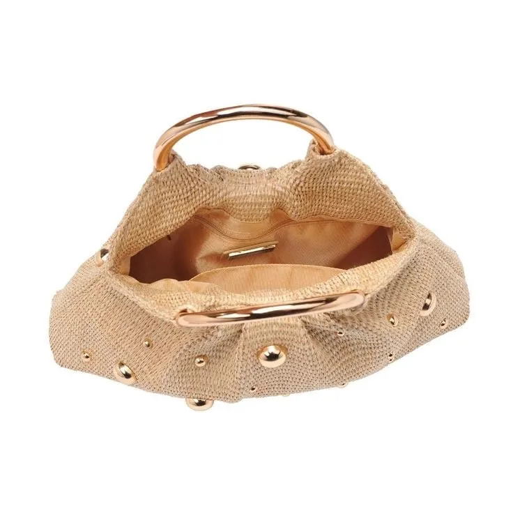 Bellie Gold Bead Detail & Handle Straw Clutch Handbag