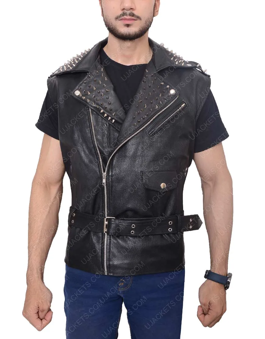 Belted Studded Leather Vest for Mens - Ujackets