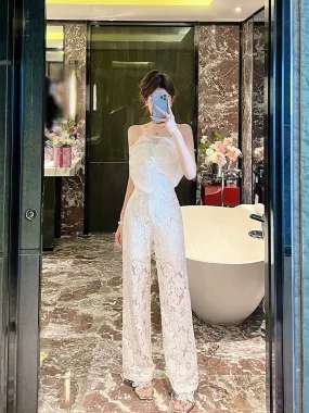 Better LS Royal sister fashion suit female three-dimensional flower tube top + lace wide-leg trousers high-end two-piece suit fe