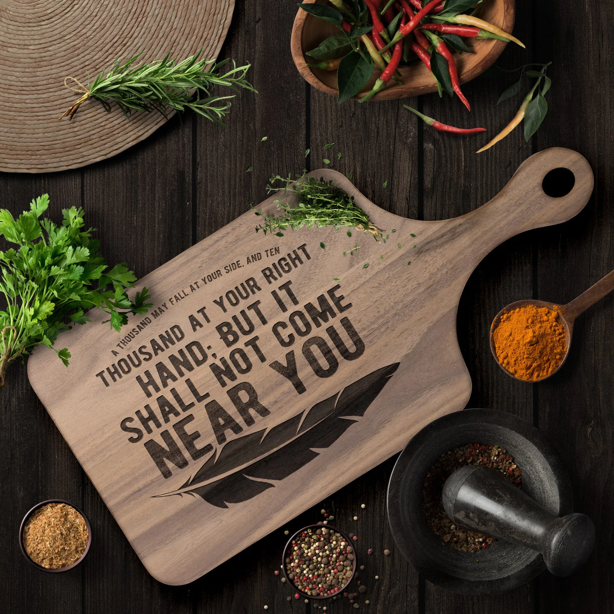 Bible Verse Hardwood Paddle Cutting Board - It Shall Not Come Near You ~Psalm 91:7~ Design 4