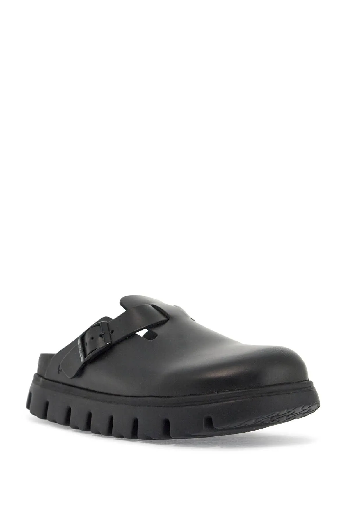 Birkenstock Boston Chunky Slipper In Black Natural Leather With Serrated Sole