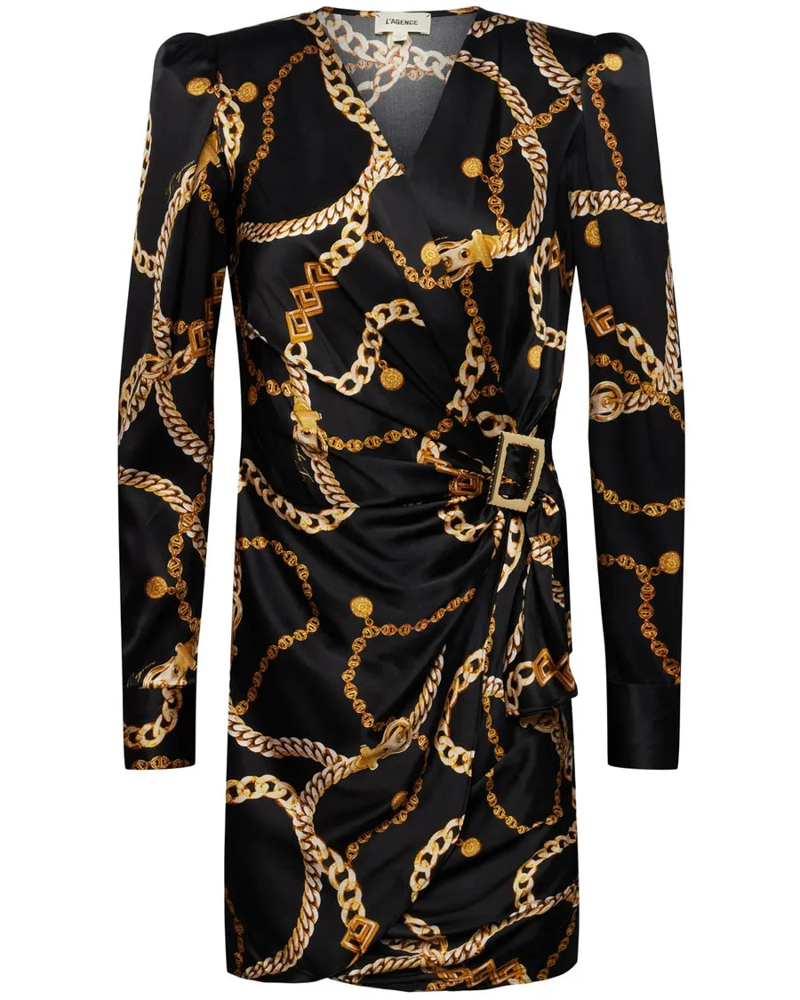 Black and Gold Clarice Buckle Wrap Dress