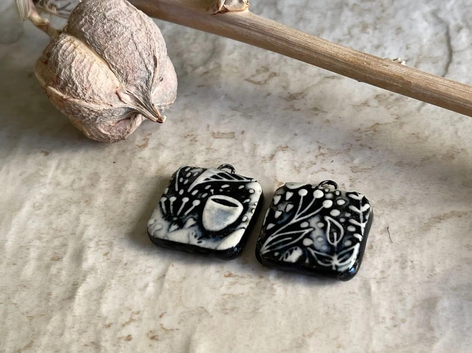 Black and White Flowers, Black Earring Bead Pair, Porcelain Ceramic Charms, Jewelry Making Components, Beading Handmade