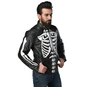 Black Biker Leather Jacket with White Skeleton - Leather Skin Shop