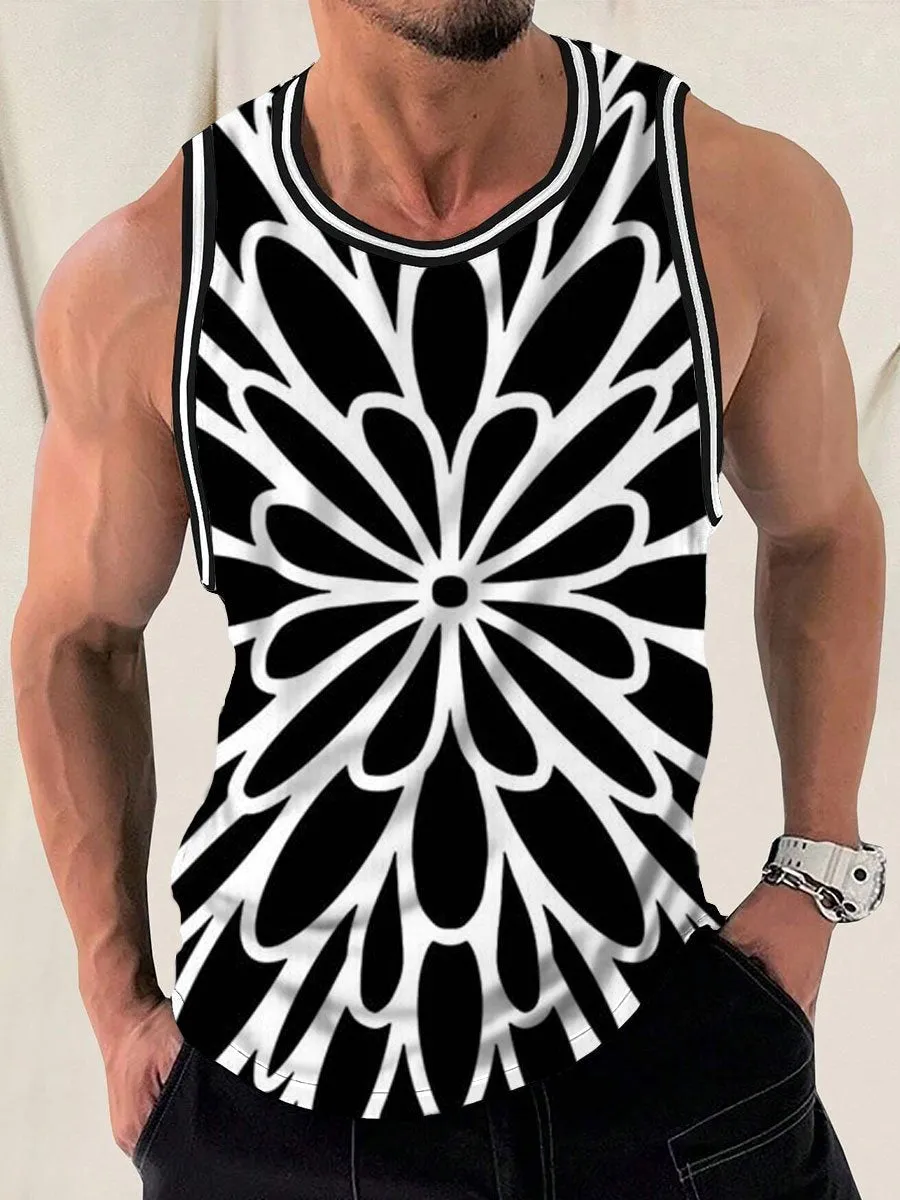 Black Floral Print Casual Round Neck Sleeveless Tank Top