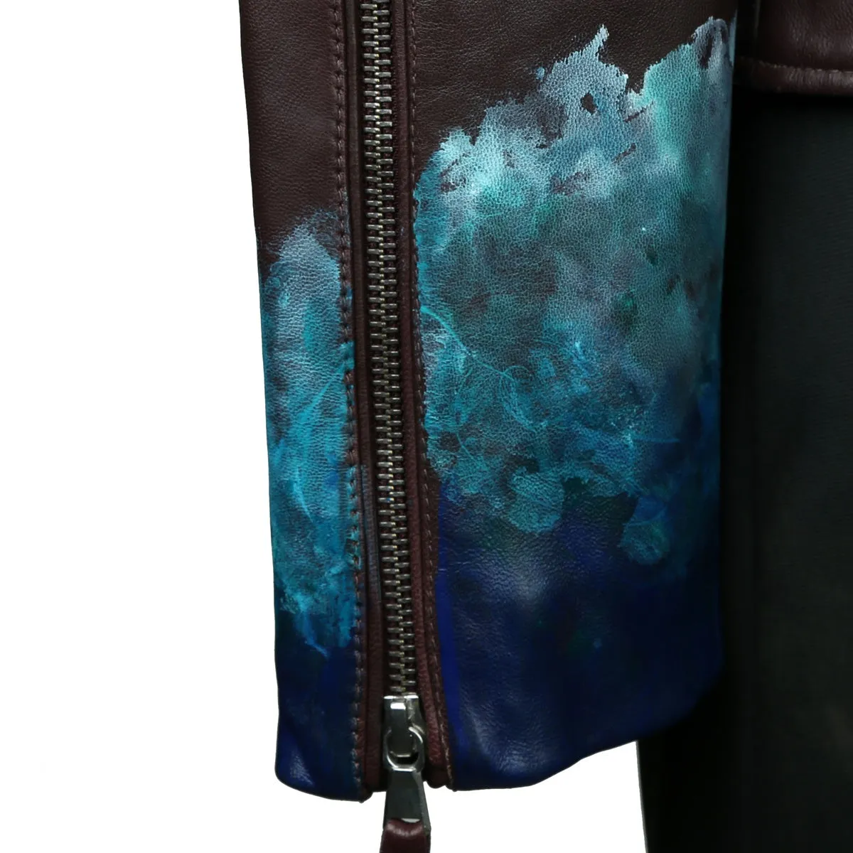 Black Handwritten Aquatic Inspired underwater Hand Painting Ladies Leather biker style Jacket By Brune & Bareskin