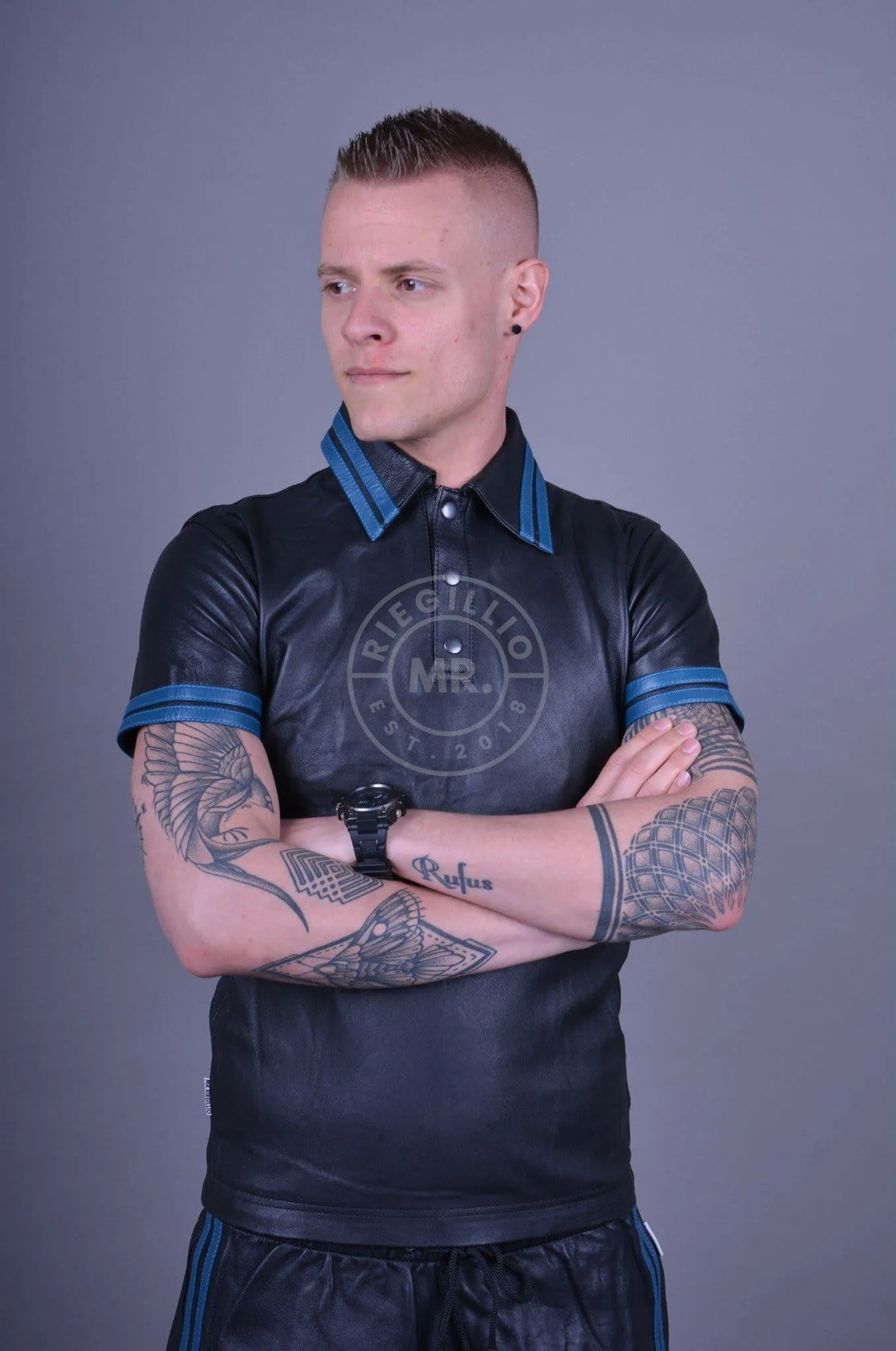 Black Leather Polo - BLUE STRIPES