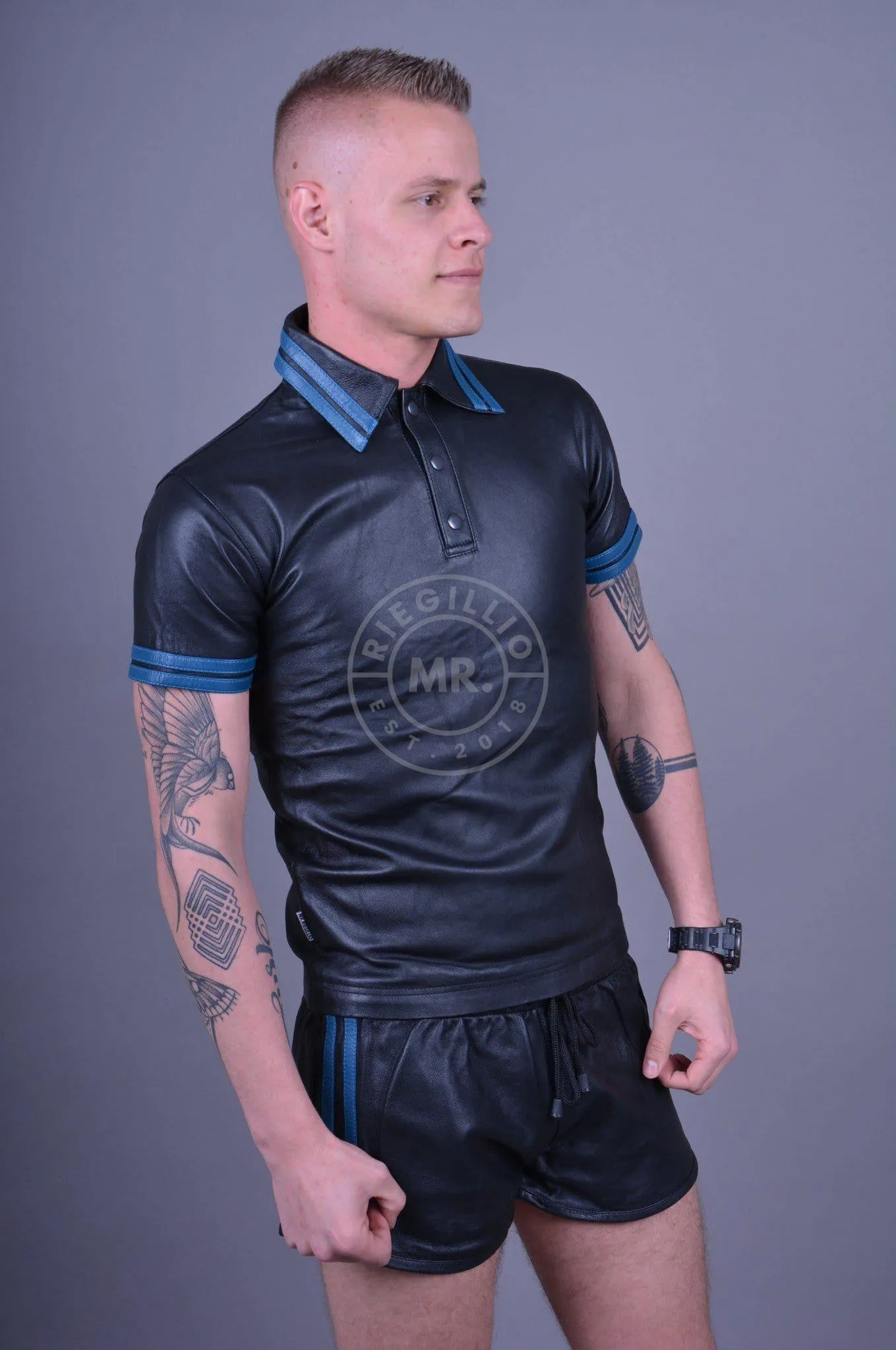 Black Leather Polo - BLUE STRIPES