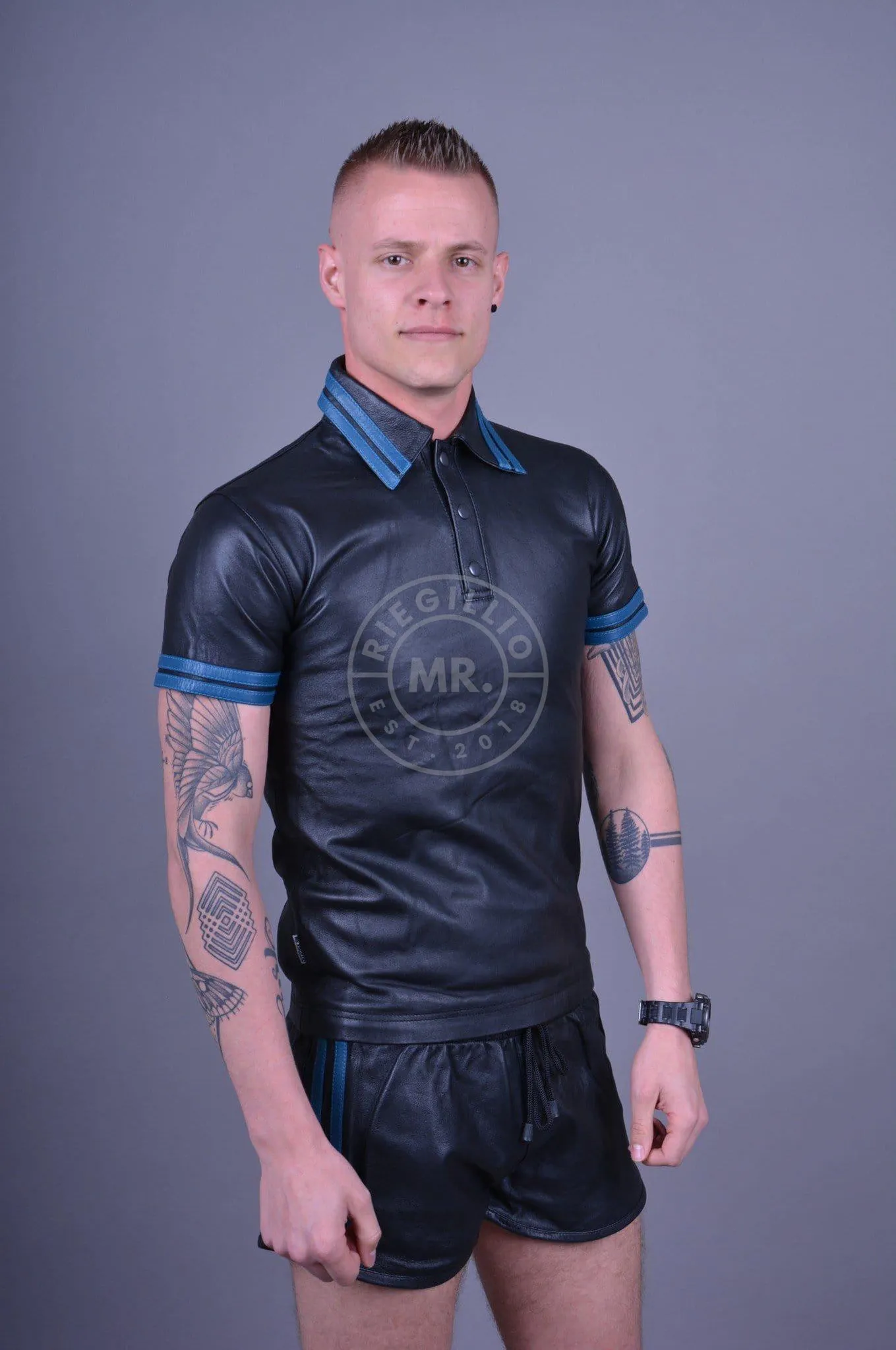 Black Leather Polo - BLUE STRIPES