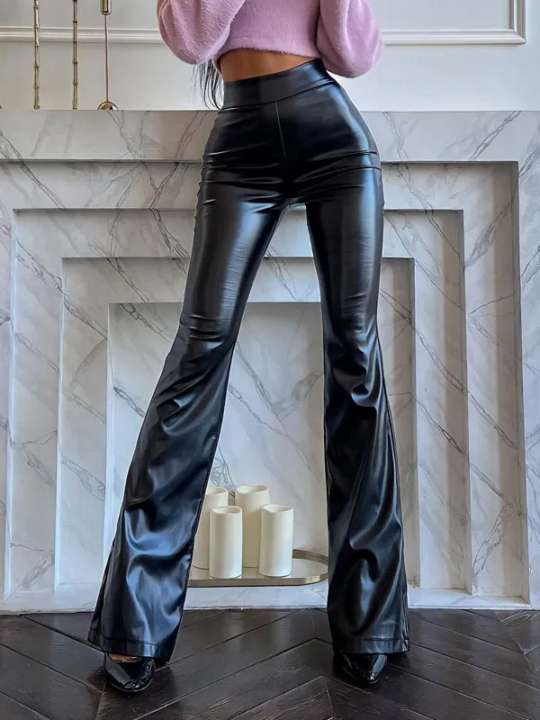 Black PU Leather Pants Raised Waist Flared Leg Trousers For Women