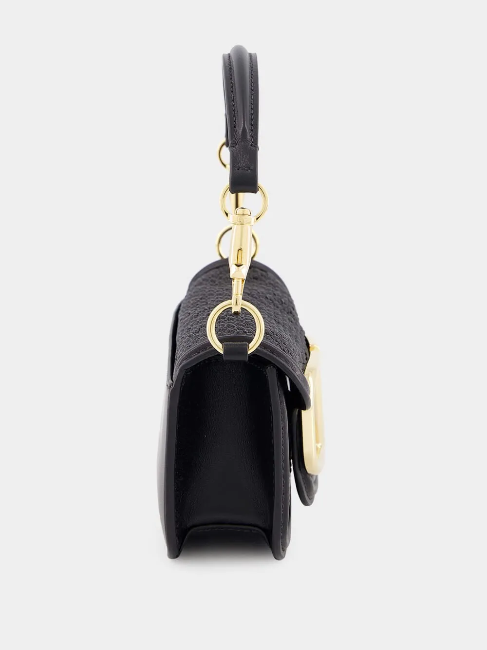 Black Small Leather Shoulder Bag with Gold VLogo