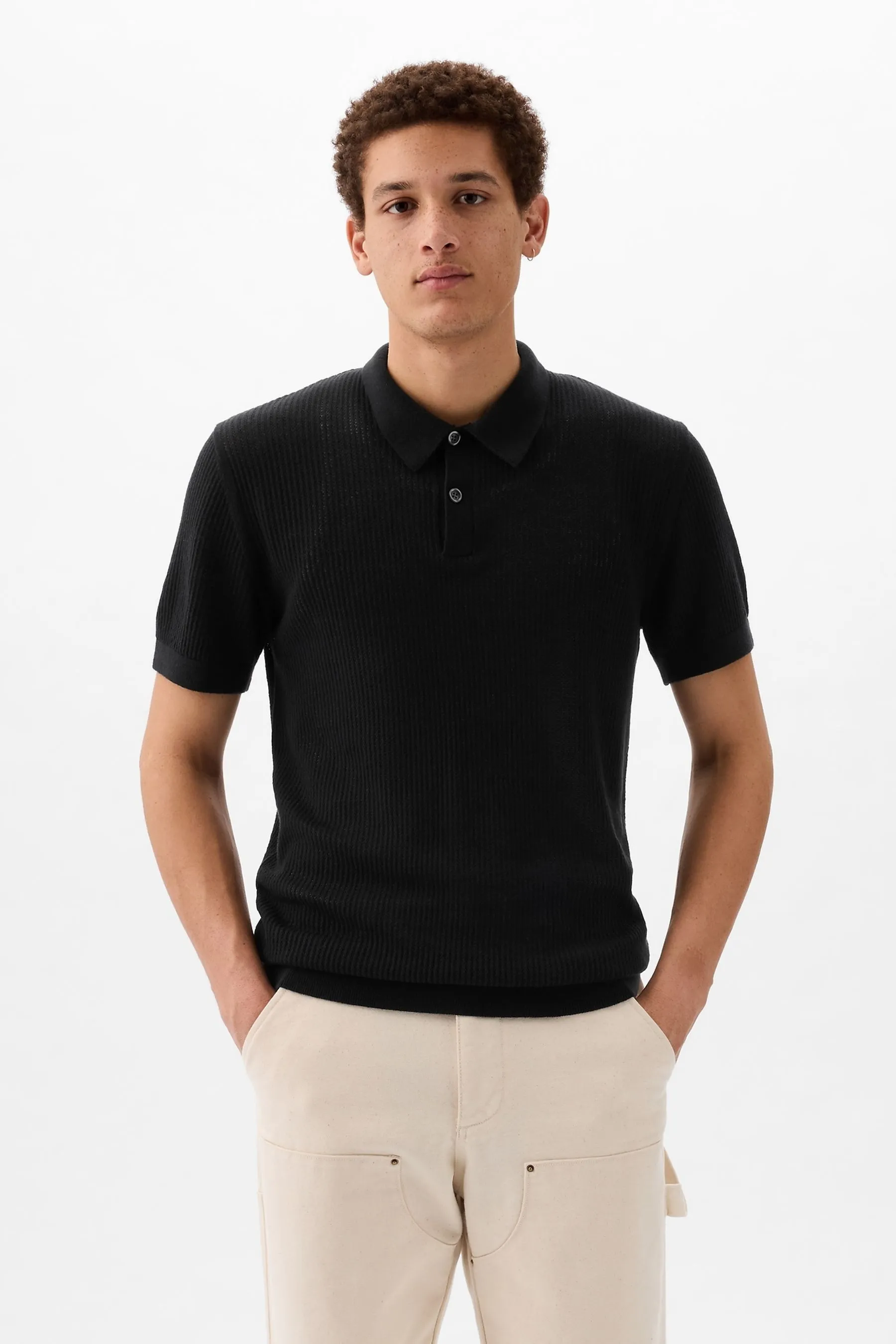 Black Textured Short Sleeve Polo Shirt