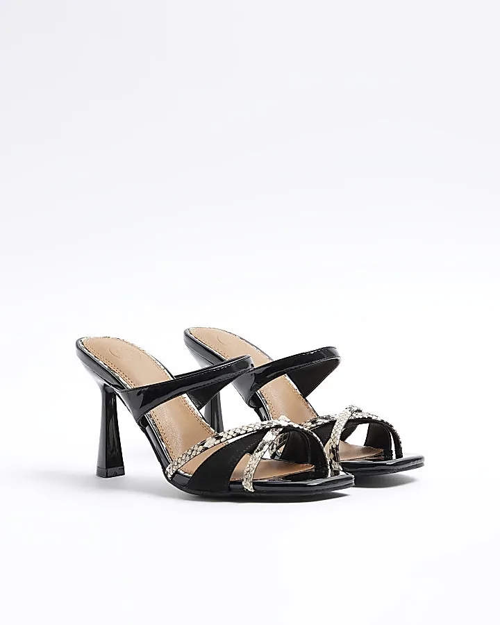 Black wide fit crossed heeled mule sandals