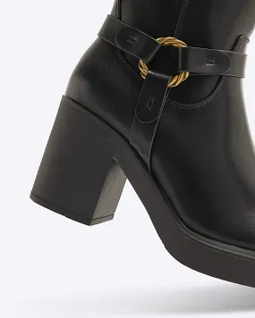 Black Wide Fit Heeled Harness Ankle Boot