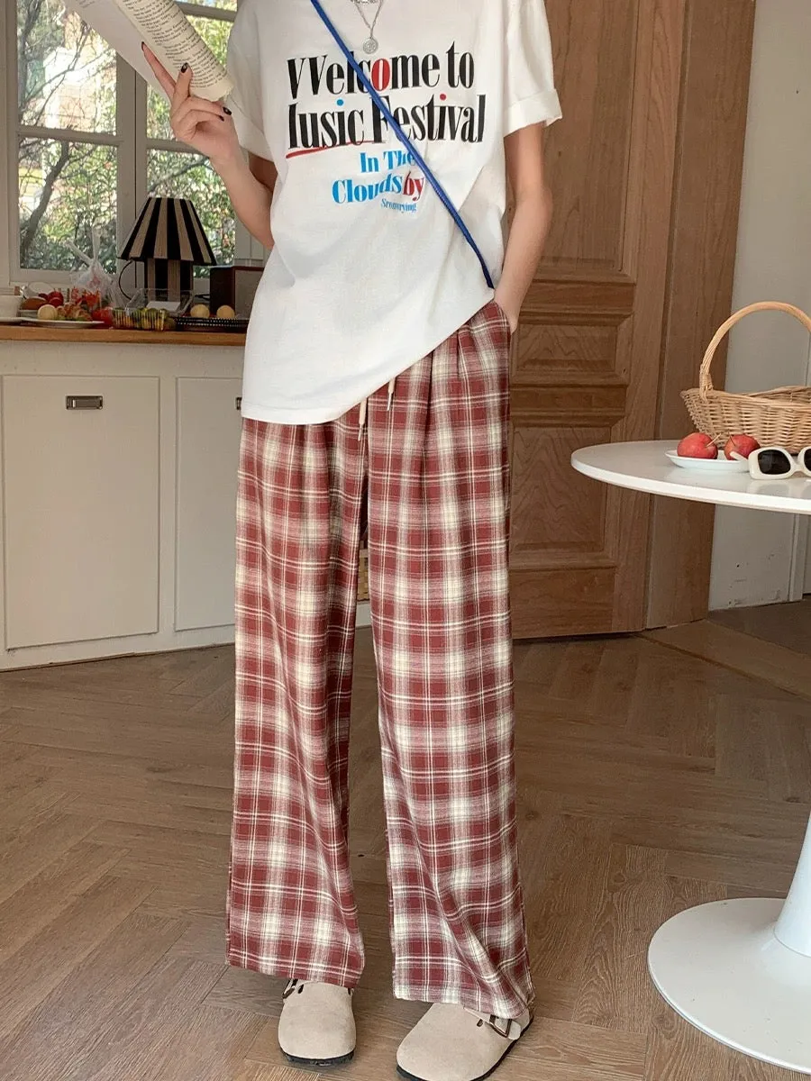 Blin's Retro Red Plaid Pants Casual Pants High Waist Straight Pants Women's Spring and Autumn New Loose Slimming Wide Leg Pants