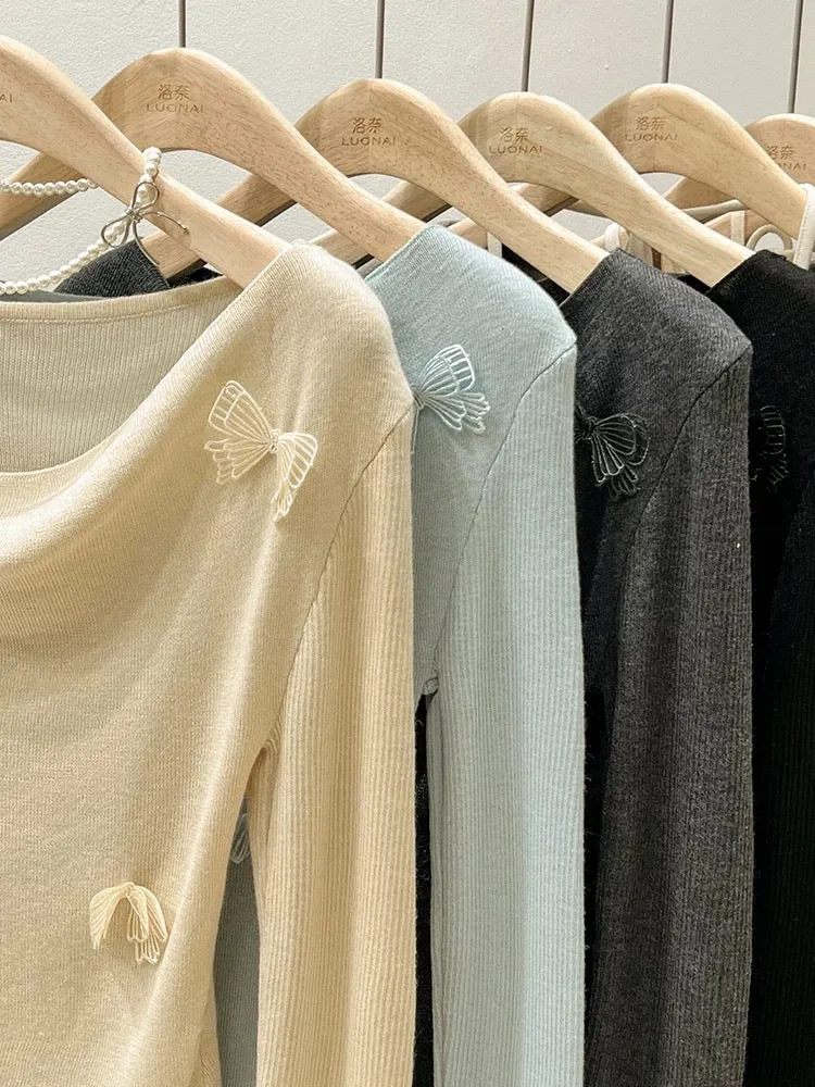Blue Bow Swing Collar Sweater Women's Long Sleeve Spring and Autumn Off-Shoulder Off-Shoulder Cropped Tops and Bottoming Shirts